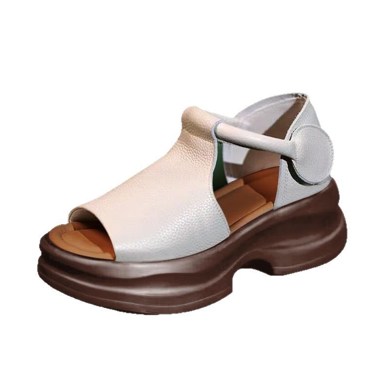 Summer platform sandals women wear thick heels open-toed fish mouth shoes new soft leather Velcro bag heels