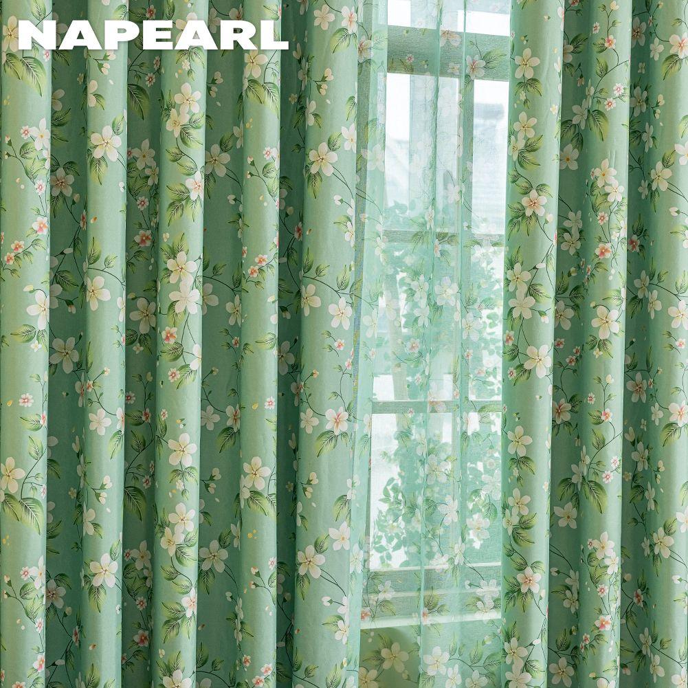 1 STÜCK NAPEARL Ländlicher Stil Sommer Grün Blumenmuster Vorhänge Vollverdunkelungsvorhänge für Schlafzimmer Wohnzimmer Balkonfenster zur Heimdekoration