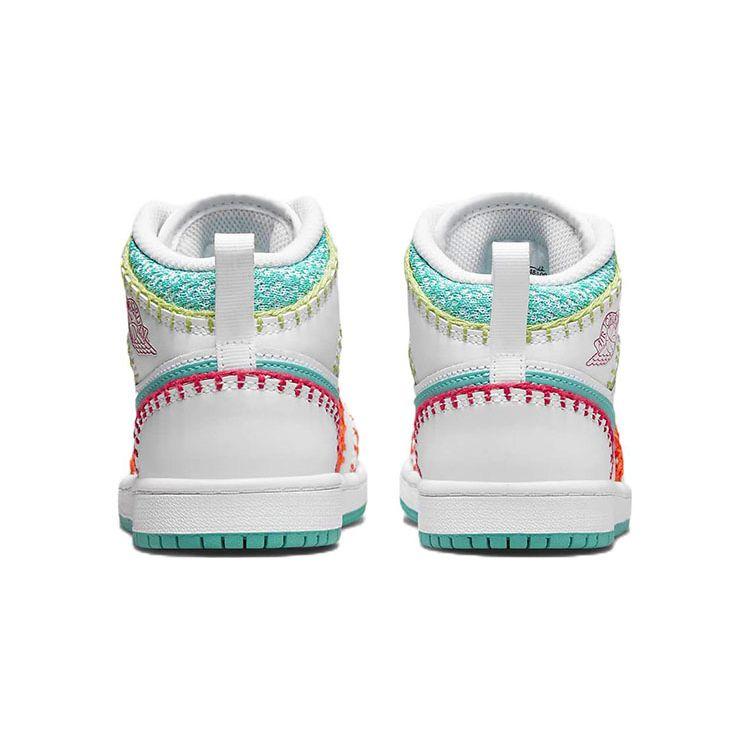 Air Jordan 1 Mid SE PS Multi Knit Kids Sneakers White Washed-Teal Rush-Pink DM9648-100