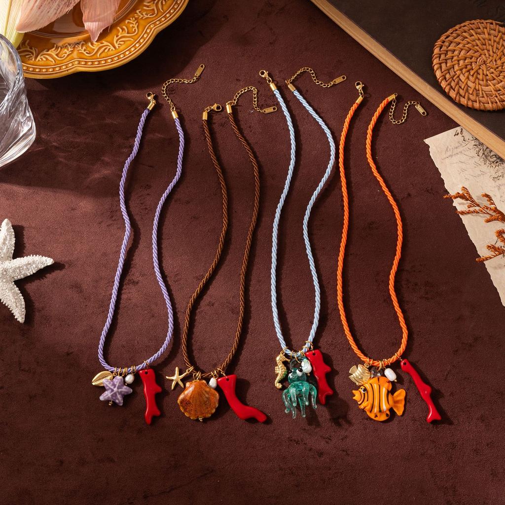 Handmade Chunky Rope Multi Color Ceramics Starfish Octopus Fish Pendant Necklace Summer Beach Shell Y2K Collar Jewelry