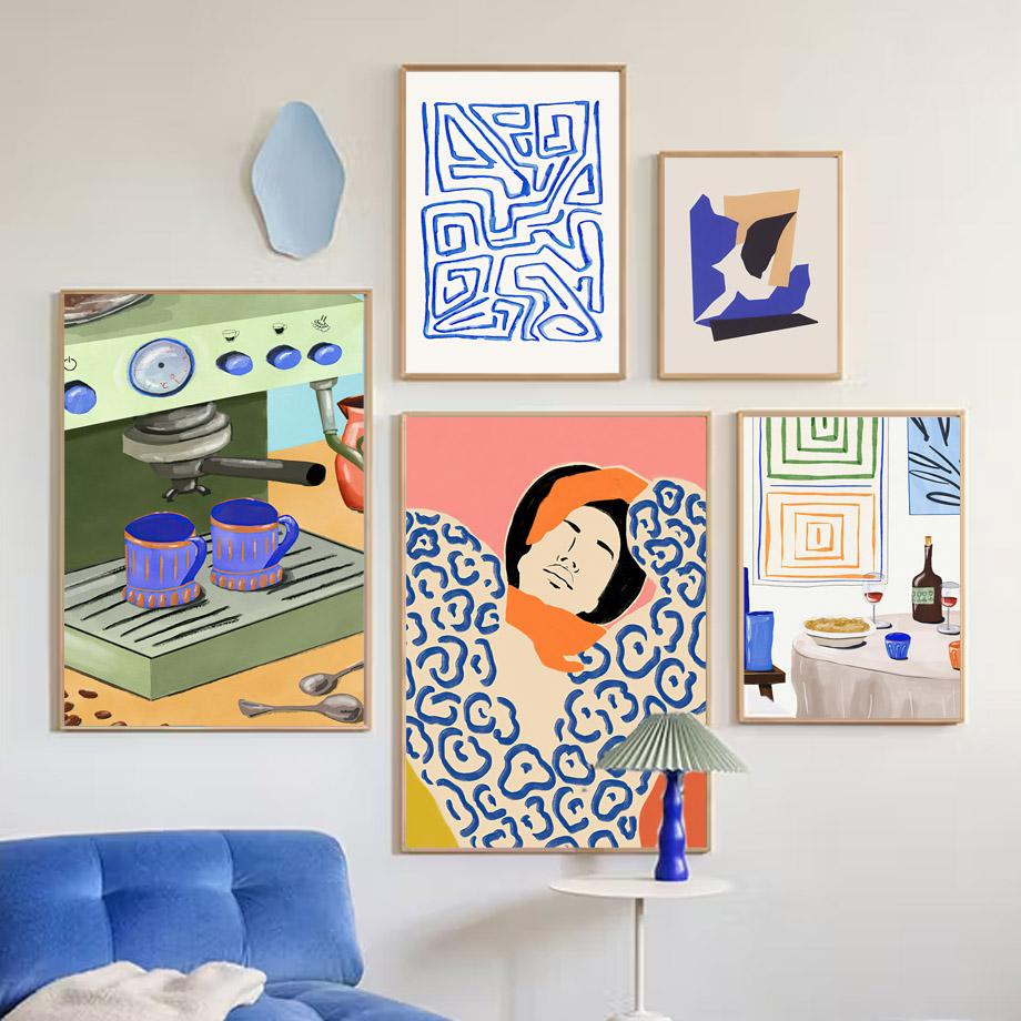 

Абстрактная геометрическая линия, кофеварка для девочек, фруктовая настенная живопись, холст, живопись, постеры и принты, картина для гостиной, кухни, декор