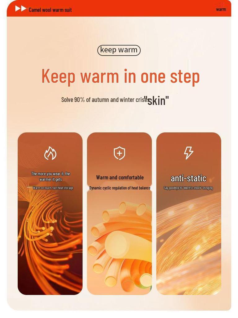 Men's Winter Warm Fleece-Lined Camel Wool Underwear Set - Crew Neck, Quick Heating, for Middle-Aged and Elderly