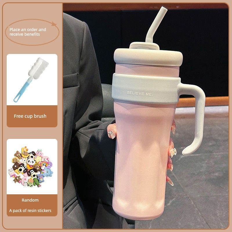 

British Beloved Fresh Minimalist Giant Large Capacity Thermos Cup for Girls Good-looking Drinking Straw Cup Light Pink 1.25L (Free 3D Sticker + Cup Brush)