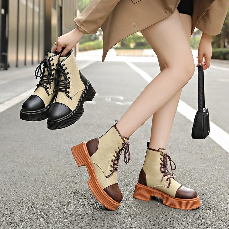 Fashion Women's Shoes Fashion Lace Up Women's Boots Autumn British Style Round Toe Mixed Colors Short Barrel Block Heel Large Size Boots