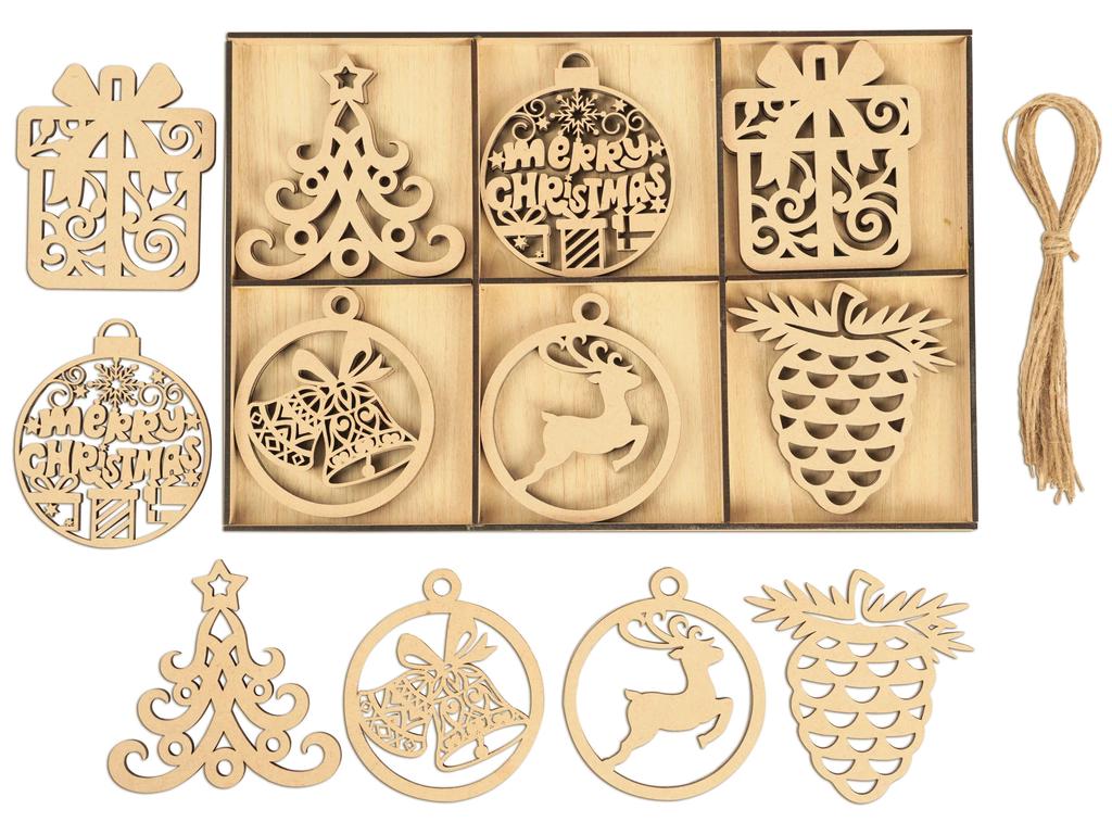 Inkdotpot 18pcs Wooden Christmas Ornaments, Unfinished Wooden Laser Cutouts Reindeer/Bell Shaped Embellishments Hanging Ornament for Christmas