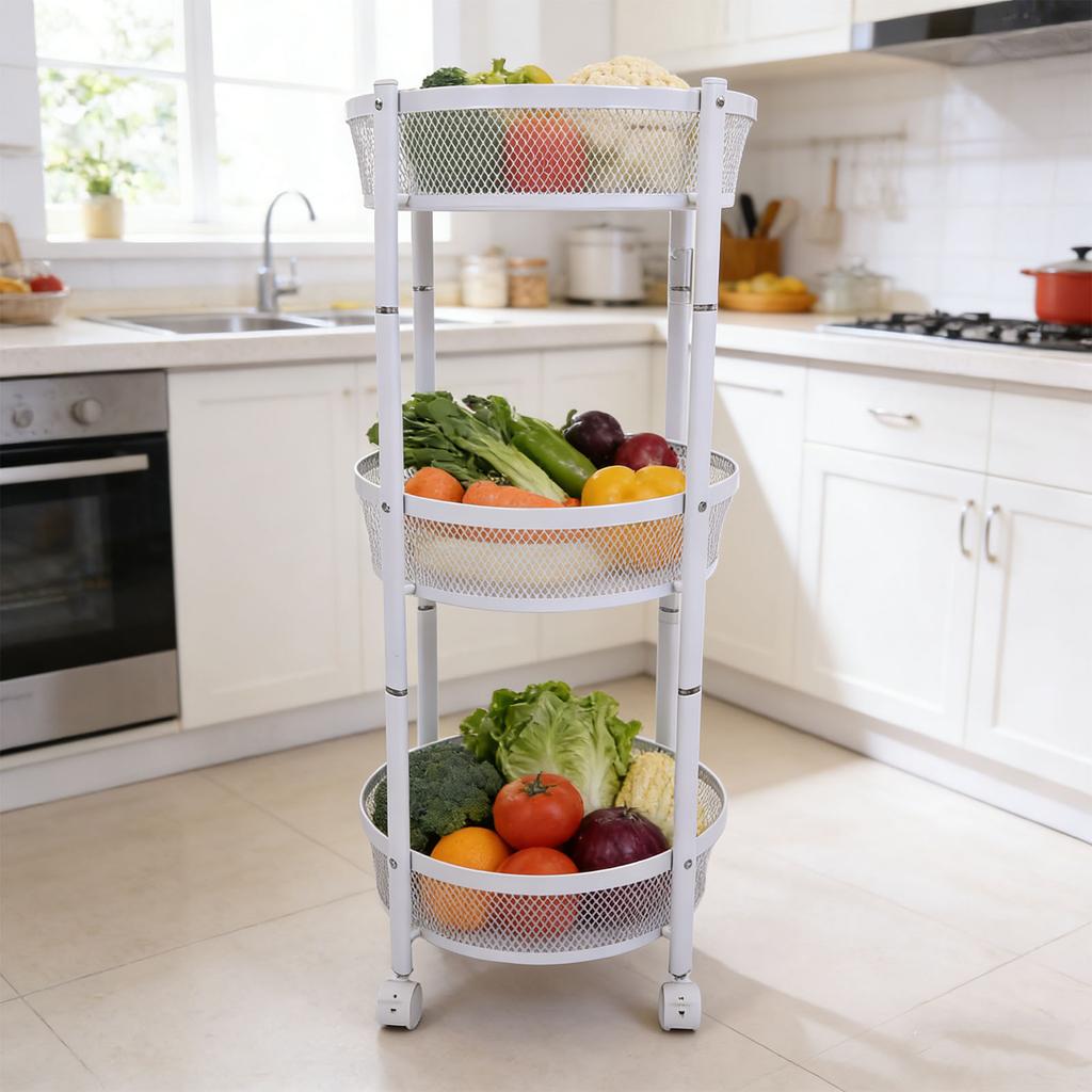 Carrito de Servicio Metálico Giratorio de 3 Niveles Multifuncional Plegable Redondo de Almacenamiento Carrito para Cocina