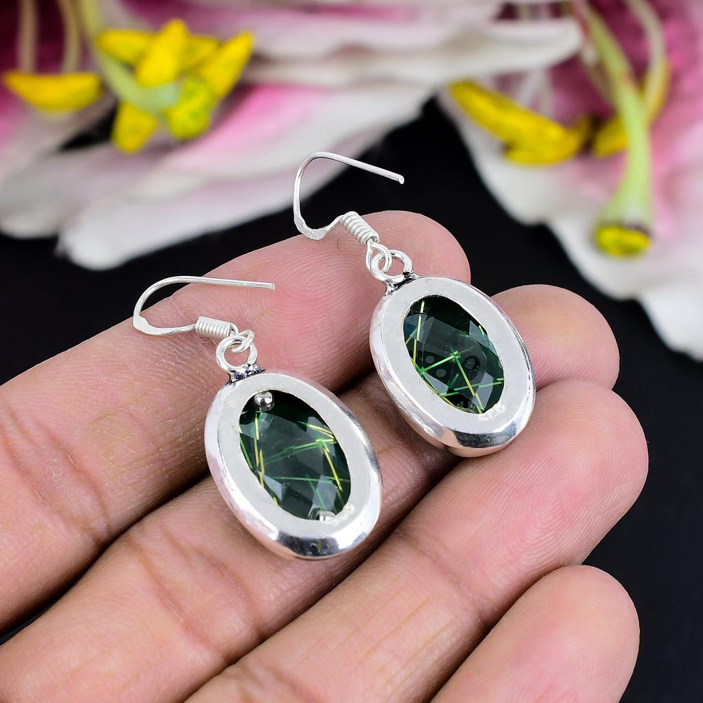 Green Rutile Gemstone Handmade 925 Sterling Silver Jewelry Earring 1.58" KG-1781