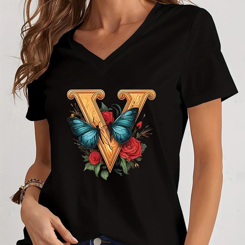 Women Tshirts AZ 26 Alphabet Flower Vintage Design Premium Tshirt Vintage Butterfly Flower 26 English Alphabet Summer Tshirt