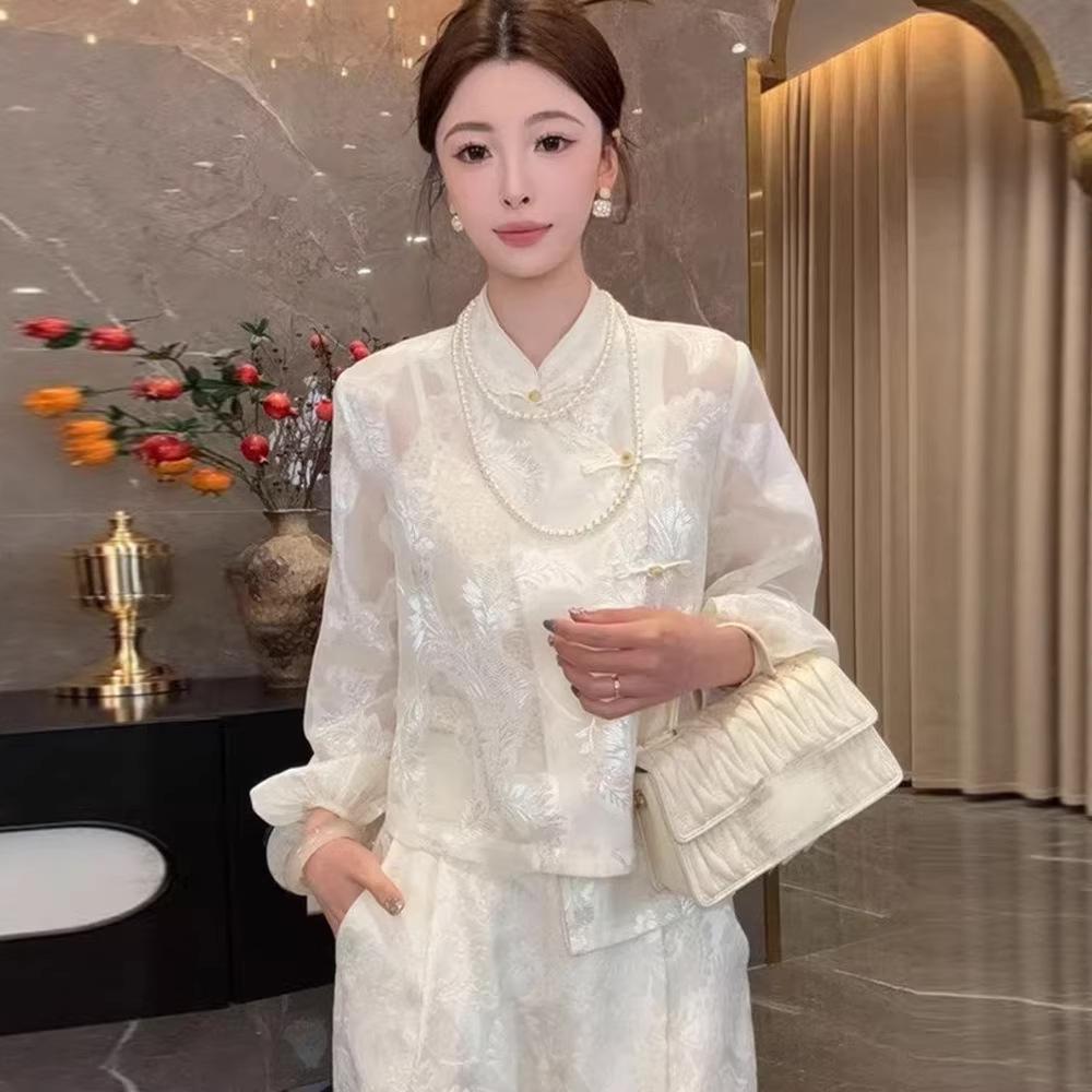 

2026 Spring Chinese Style Embroidered Jacquard Frog Button Stand Collar Shirt 2XL (suitable for 105-120 jin) білий