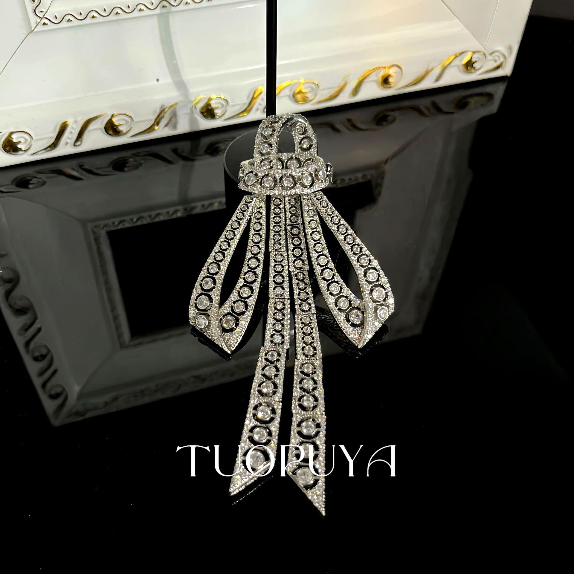 Elegant Bow Brooch with Full Diamond Pave, High-Grade Copper Pin