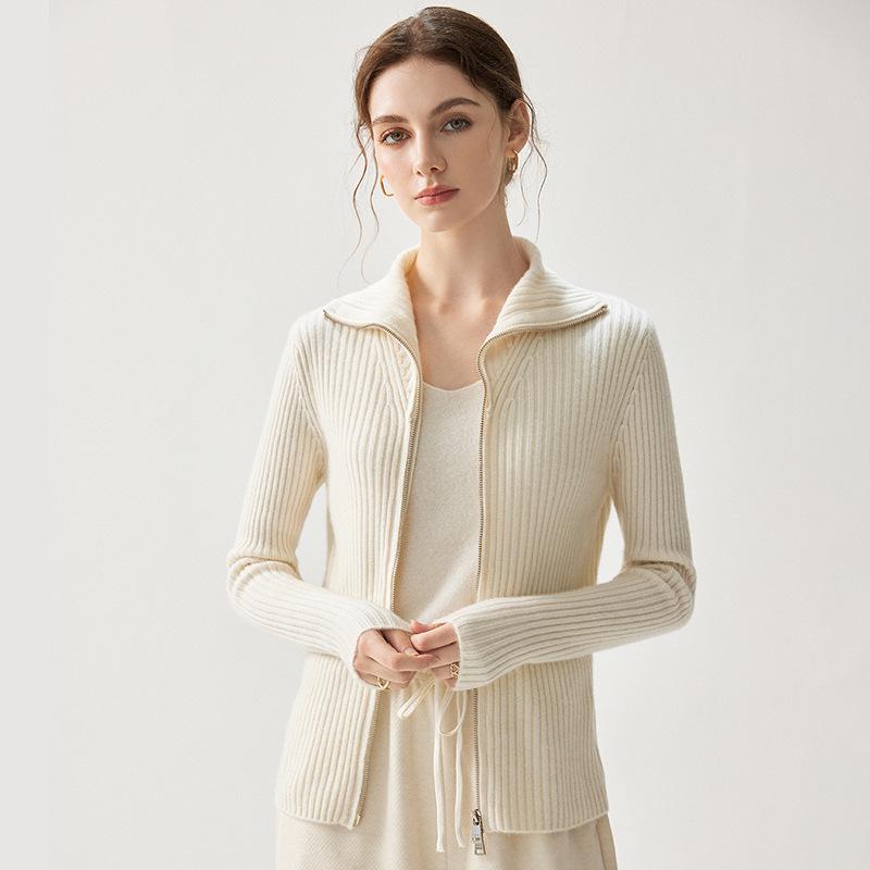 Women's Elegant Striped Cashmere Hooded Cardigan - Double Zipper Slim Fit (2026 Autumn/Winter)