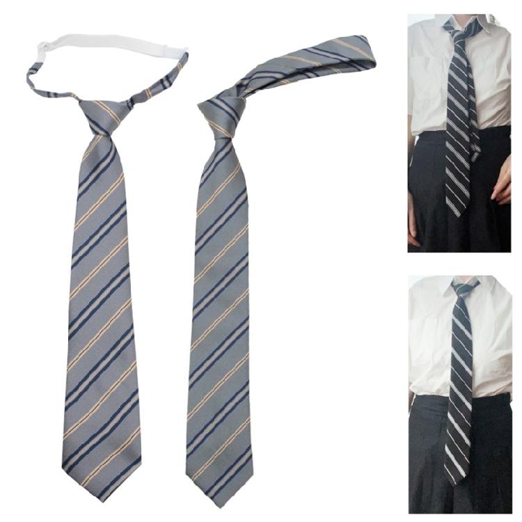 Adjustable Pre-Tied Necktie Gray Striped Korean Japanese College Uniform Bowtie