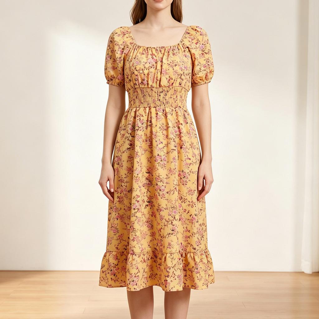 Women Square Neck Floral Print Short Sleeve Midi Dress with Ruffle Hem and Elastic Waist Casual Loose Fit Style