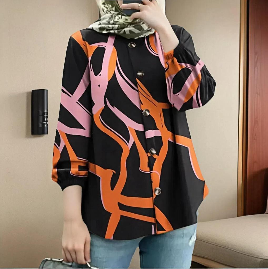 Nueva Camisa de Botones Estampada de Manga Abullonada Holgada Talla Grande para Mujer