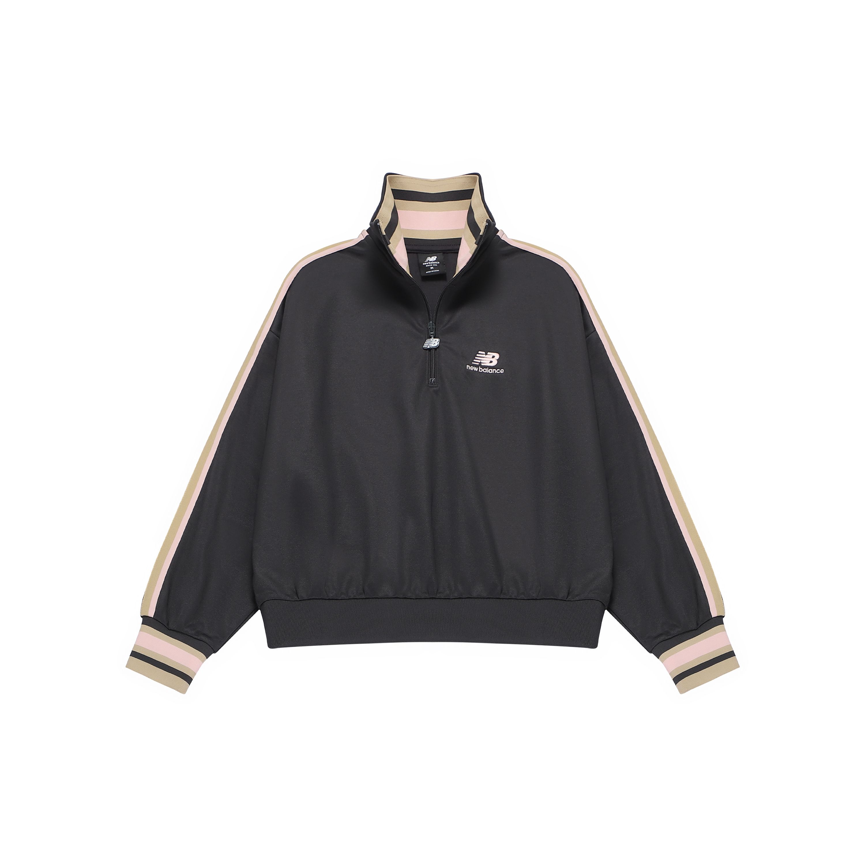 

Полосатый пуловер на молнии New Balance, полуоткрытый вырез, приталенный ретро осенне-зимний свитшот, женские топы черного цвета AWT23561-PHM