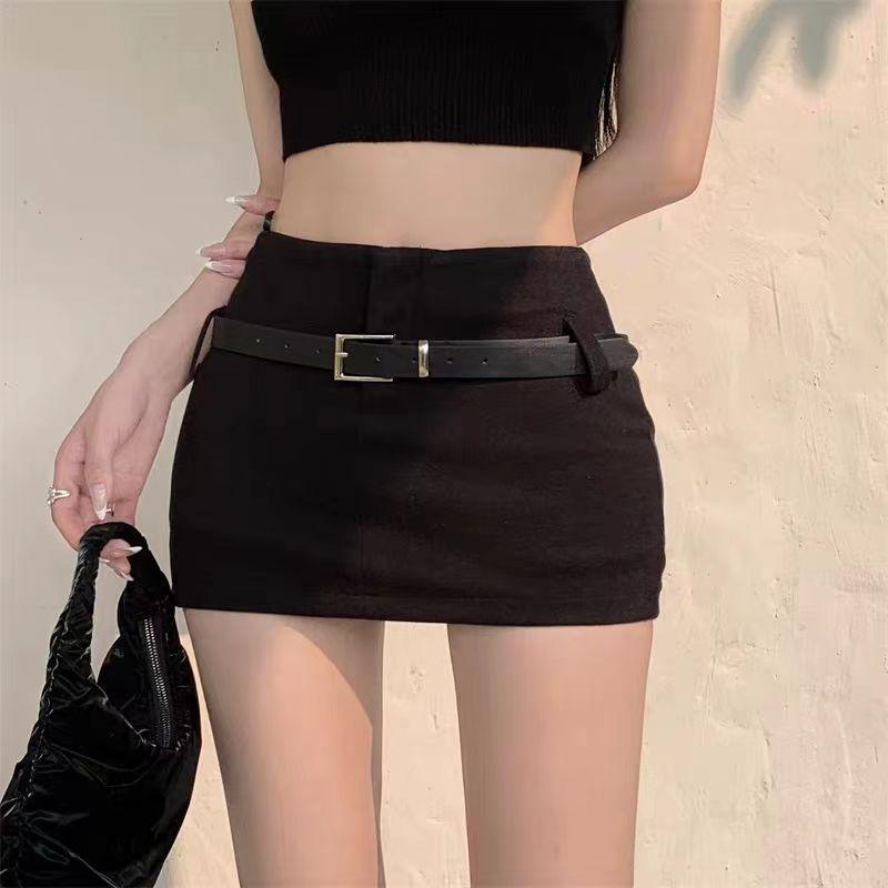 Spice Girl Black Belt Skirt Women's Summer New A-word High Waist Thin Skirt Sexy Hip Skirt