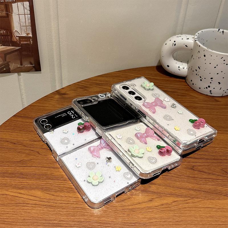 Small Fresh Cherry Bow Flower Mobile Phone Case for Samsung Zflip6 Flip Folding Screen Zfold5 Hard Case