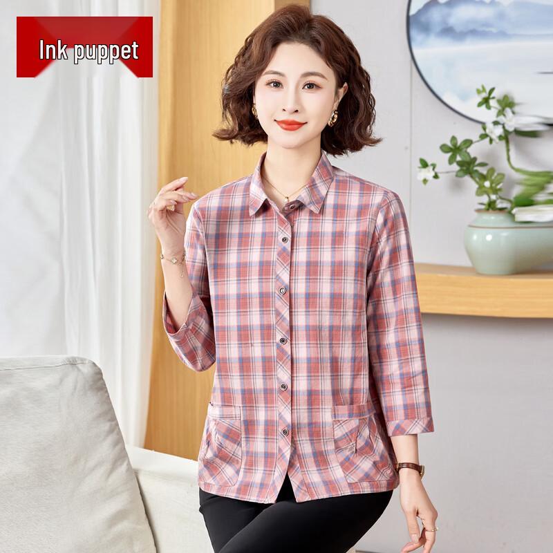 Women s Plus Size Plaid Three-Quarter Sleeve Cotton Shirt 3XL