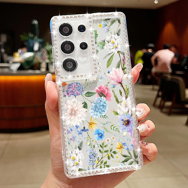 Floral Print Diamond Frame Phone Case For Samsung S25 Edge S24 FE S23 Ultra S22 A56 A36 A16 A15 A55 A35 Clear Shockproof Soft Silicone Cover