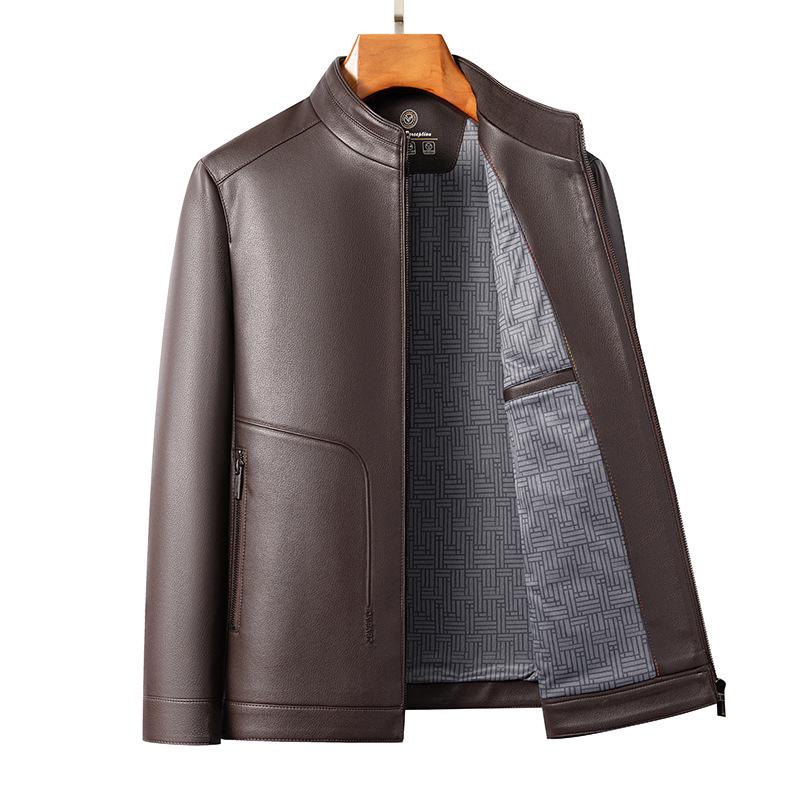 2026 Spring Men's Casual Sheepskin Leather Jacket with Stand-up Collar