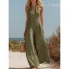 Womens Sleeveless V-Neck Zipper Front Jumpsuit With Halter Neckline Wide Leg Long Romper Casual Office Wear