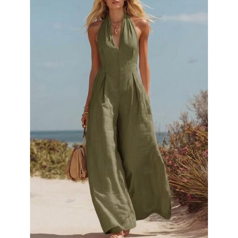 Womens Sleeveless V-Neck Zipper Front Jumpsuit With Halter Neckline Wide Leg Long Romper Casual Office Wear