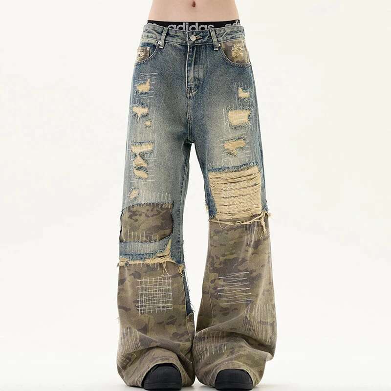 BeatStreet High Street Džíny pro muže a ženy Výšivka Crewel Kamufláž Patchwork Design s dírami Niche Praní Volné Džínové kalhoty Nové