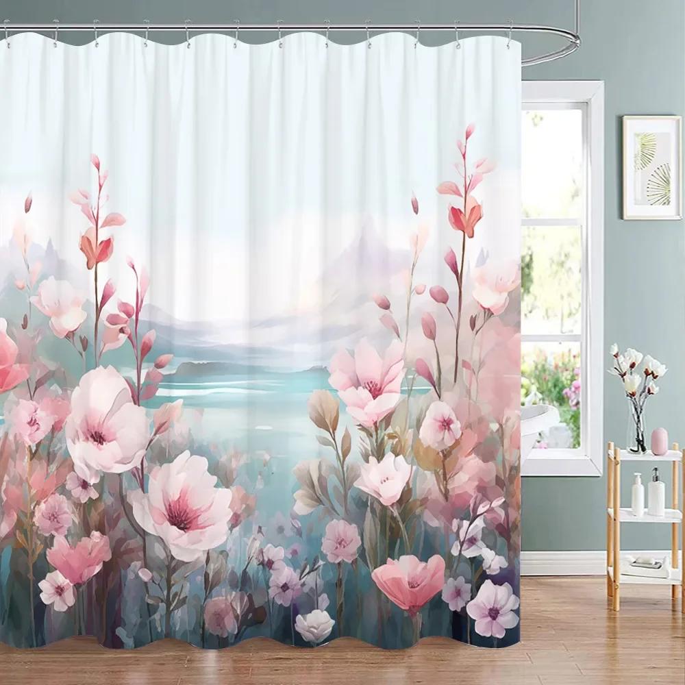 Beautiful Botanical Floral Shower Curtain Watercolour Style Floral Landscape Washable Fabric Shower Curtains Bathroom Decoration W90XH180cm