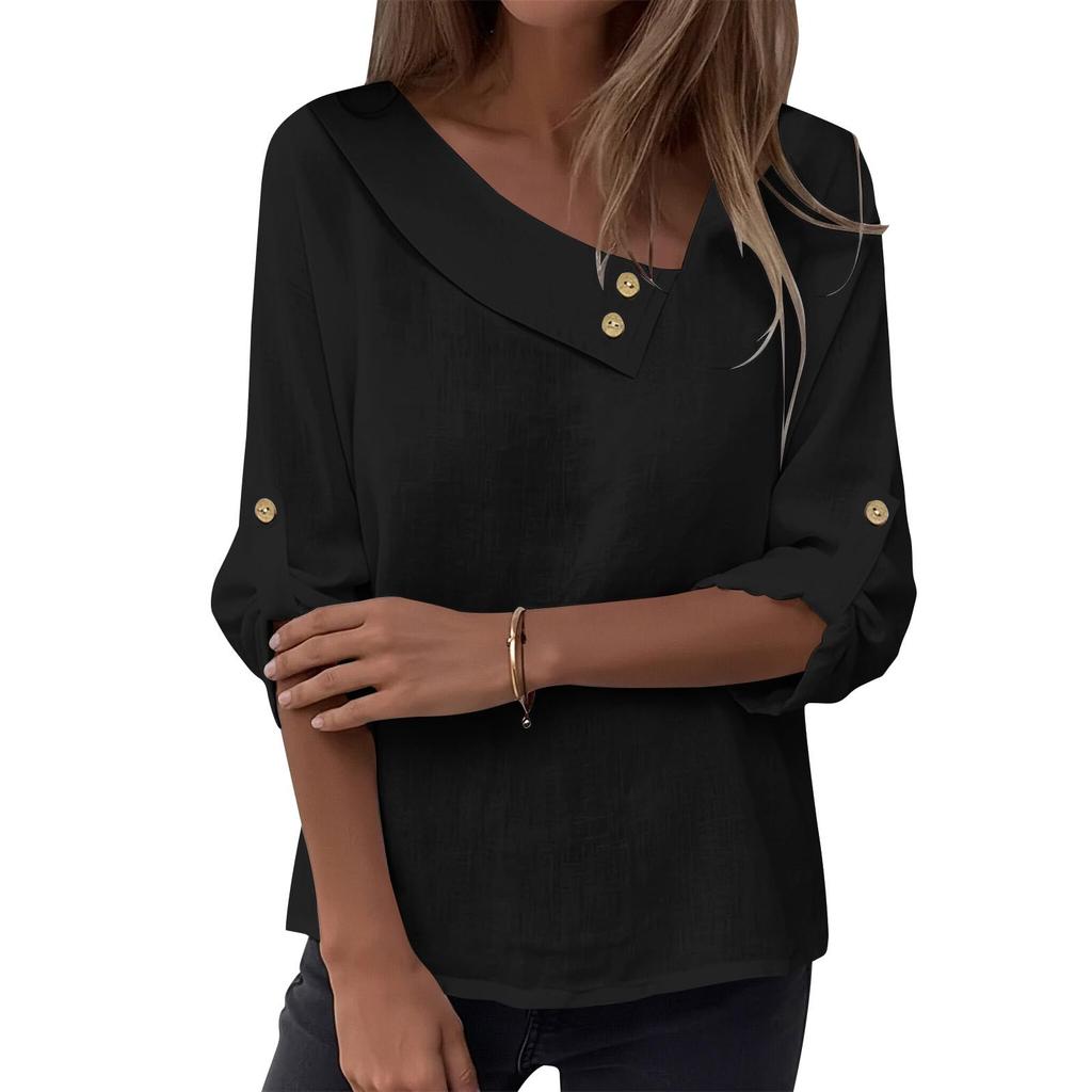 Women's Fashion Casual 3/4 Sleeve Button-Up T-Shirt Pullover Top