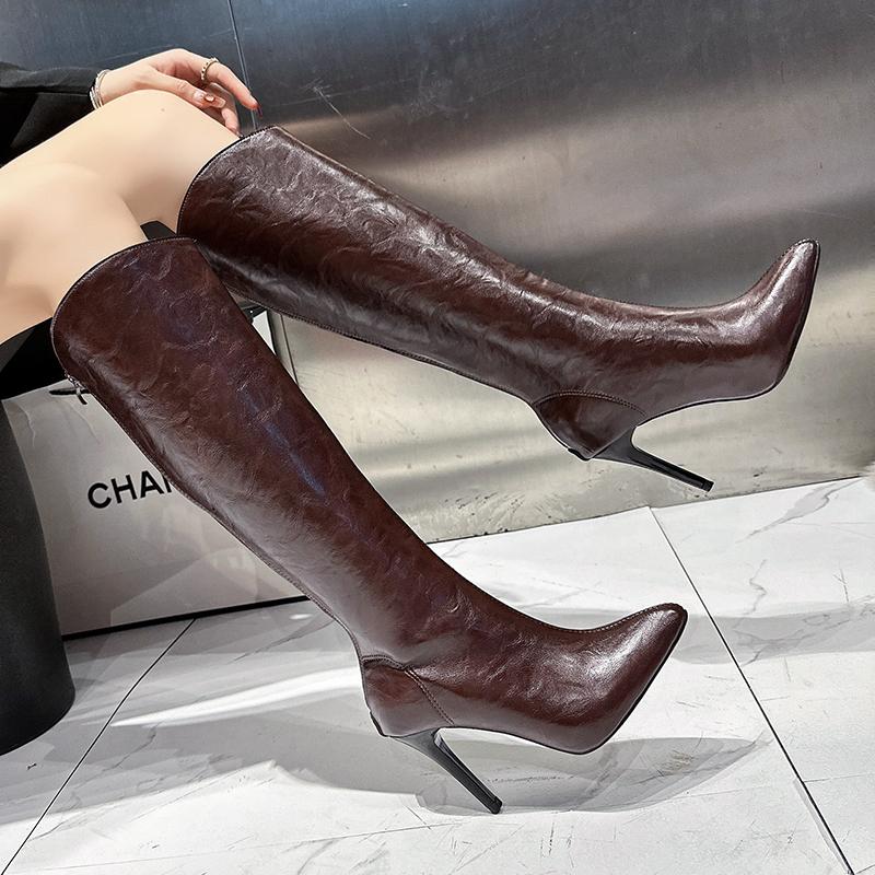 мода Сексуальные серебристые женские сапоги до колена Модные заостренные носки Длинные — фото 5