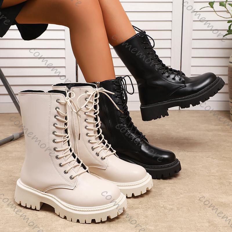 Fashion Comemore Fashion Black PU Leather Mid Calf Boots Women Thick Sole Black Boots Woman Autumn Winter Lace Up Platform Botas Mujer