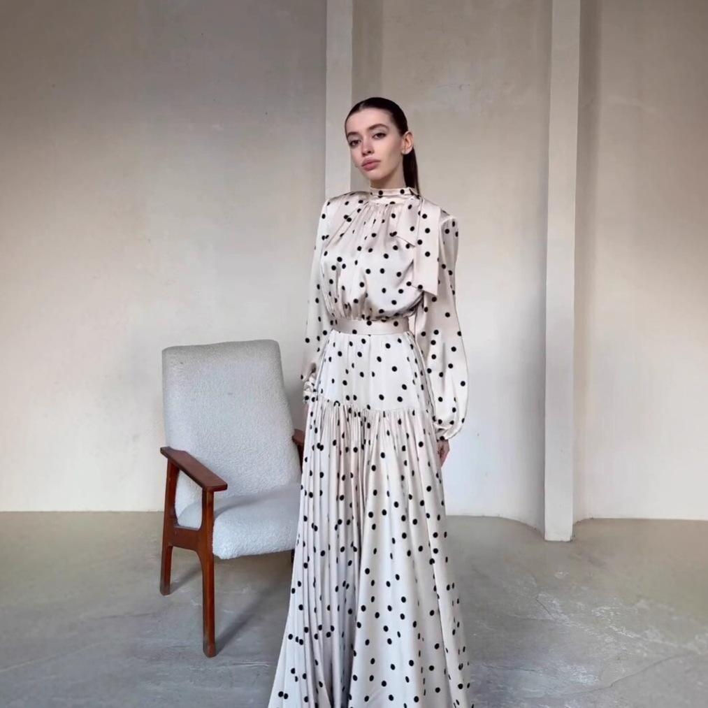 European and American women's clothing spring new fashion temperament retro polka dot bubble sleeve big swing dress