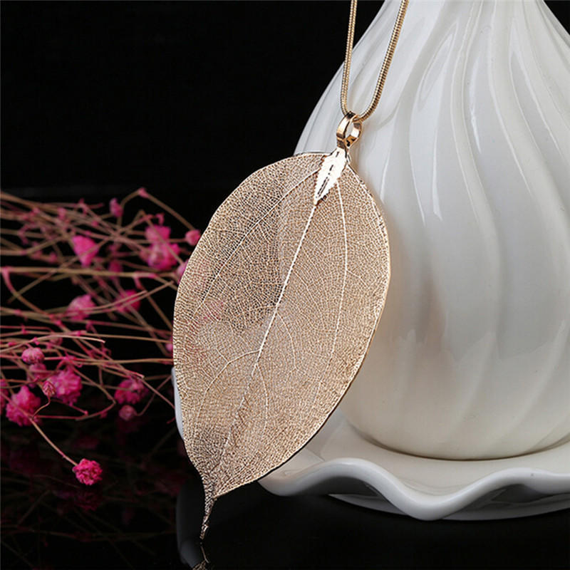 Unique Women Jewelry Simple Leaf Sweater Pendant Long Chain Necklace