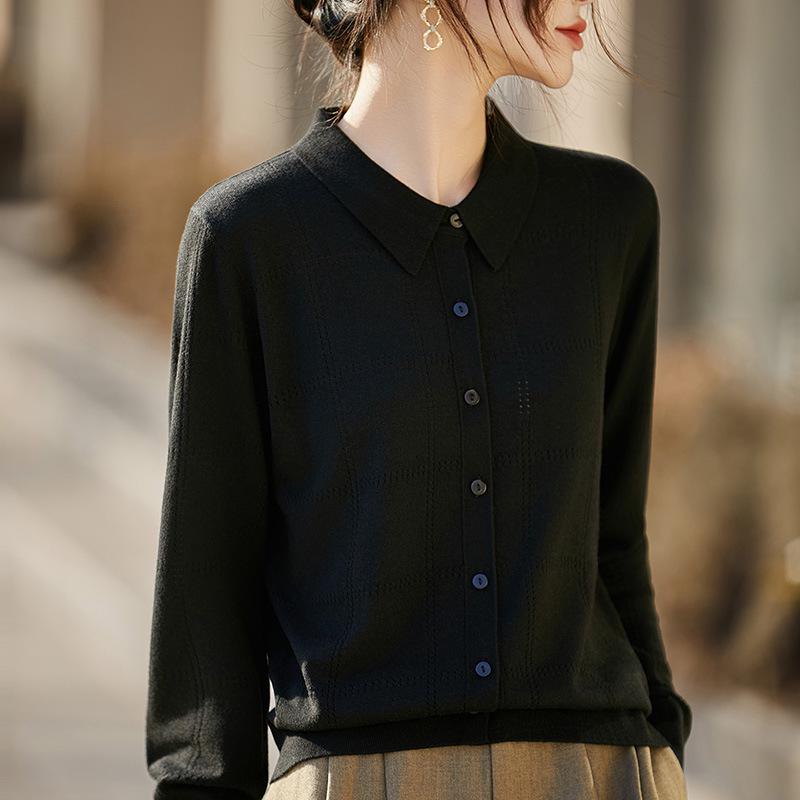 Women's Knit Lapel Cardigan: Light Hollow Jacket, Long Sleeve Spring/Summer Top