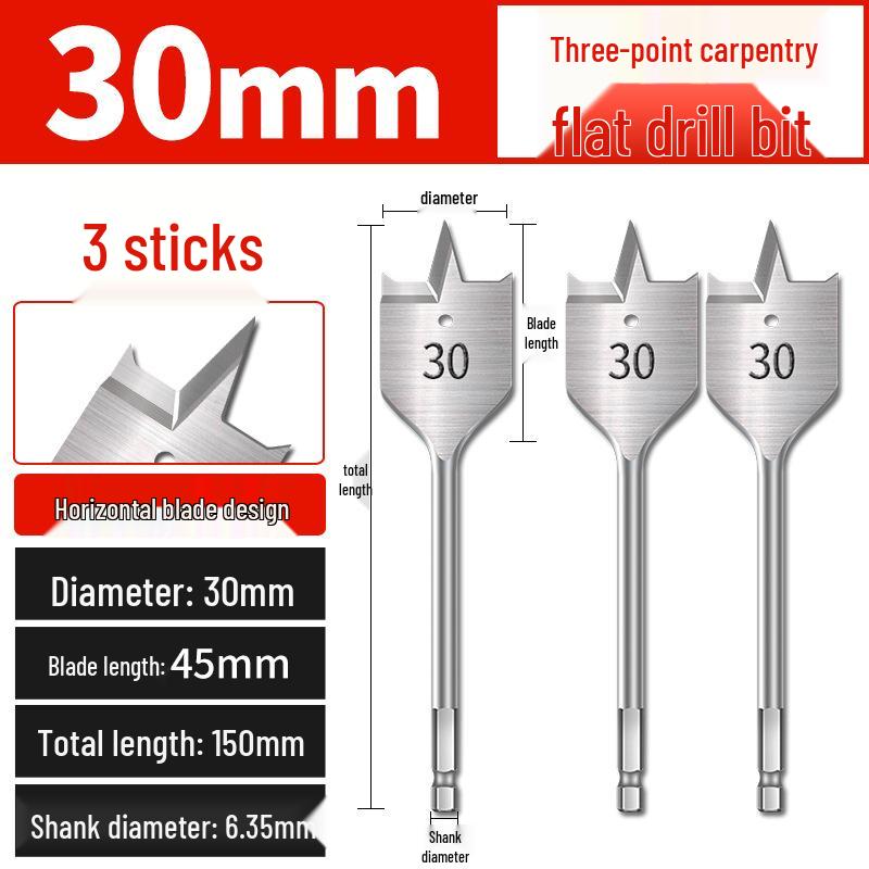 Hex Shank Flat Drill Set for Woodworking: 3-Point Blade for Lock Hole & Drawer Door Enlarging