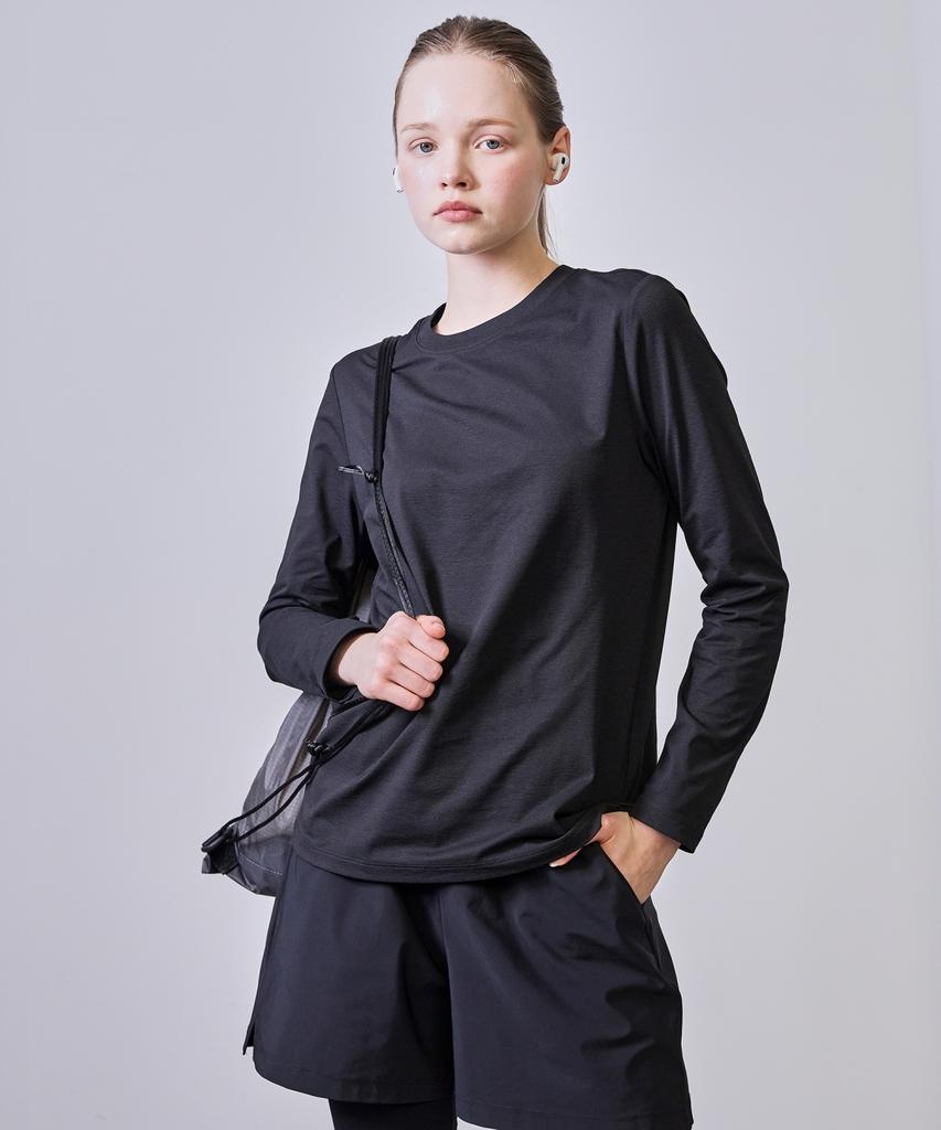 BASIC HOUSE Women'S Breathable Sorona Regular Fit Round Neck Plain Long Sleeve T-Shirt Black