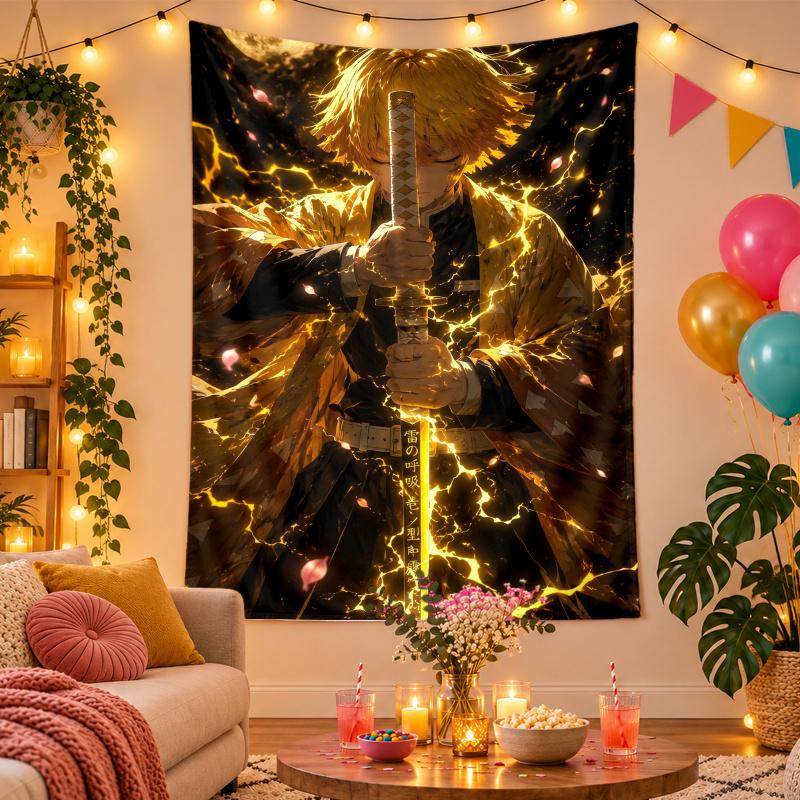 Polyester Wall Tapestry with Demon Slayer Design, Decorative Hanging for Bedroom Living Room Dorm