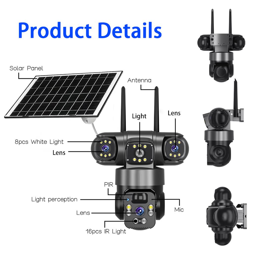 V380 15MP 4G SIM Solar Camera Outdoor Triple Lens Three Screen Two-Way Audio Auto Tracking Security Camera CCTV PTZ Surveillance