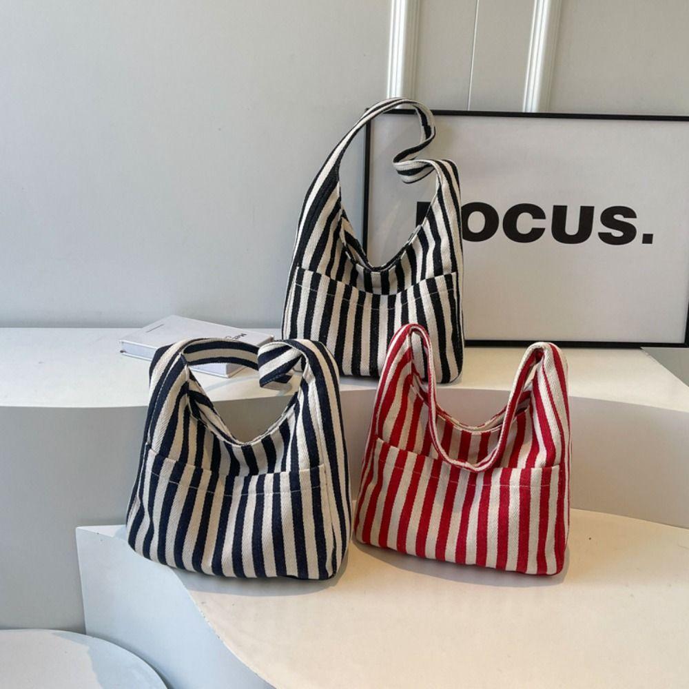 Daily Magnetic Snap Vertical Stripe Bag Tote Vintage Commute Handbag Canvas Shoulder Bag Girls