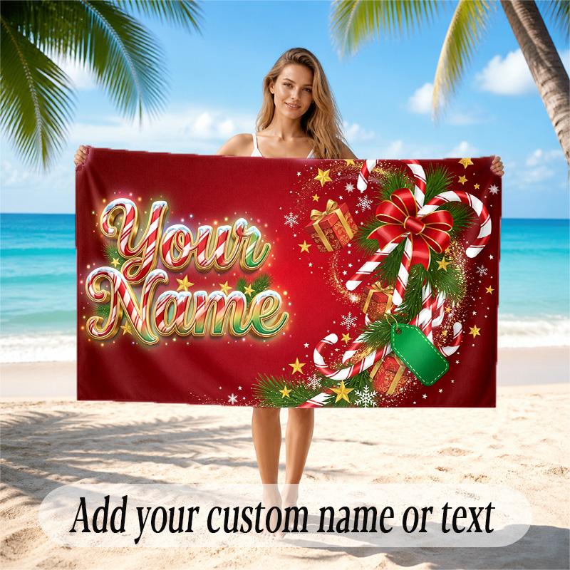 Christmas Theme Quick Dry Beach Towel Custom Name Text Print Large Sand Resistant Towel Beach Vacation