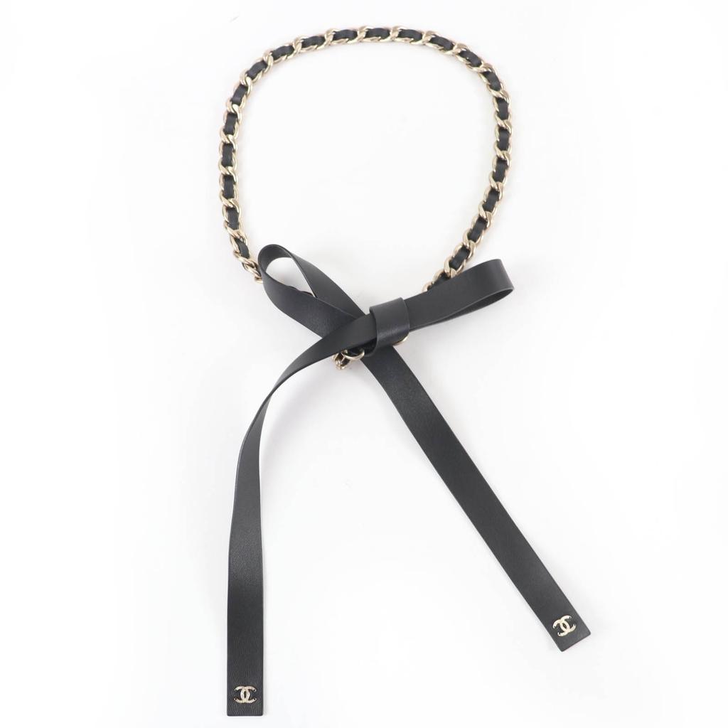 Great CHANEL Belt COCO Mark Leather Chain Ribbon Black Leather Women S B20C Used