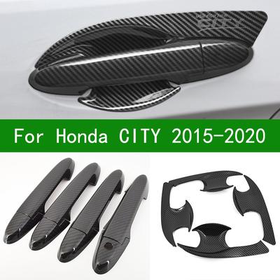 For Honda CITY 2015- Black Carbon Fiber Pattern Car Door Handle Bowl Cover Bezel Trim 2016 2017