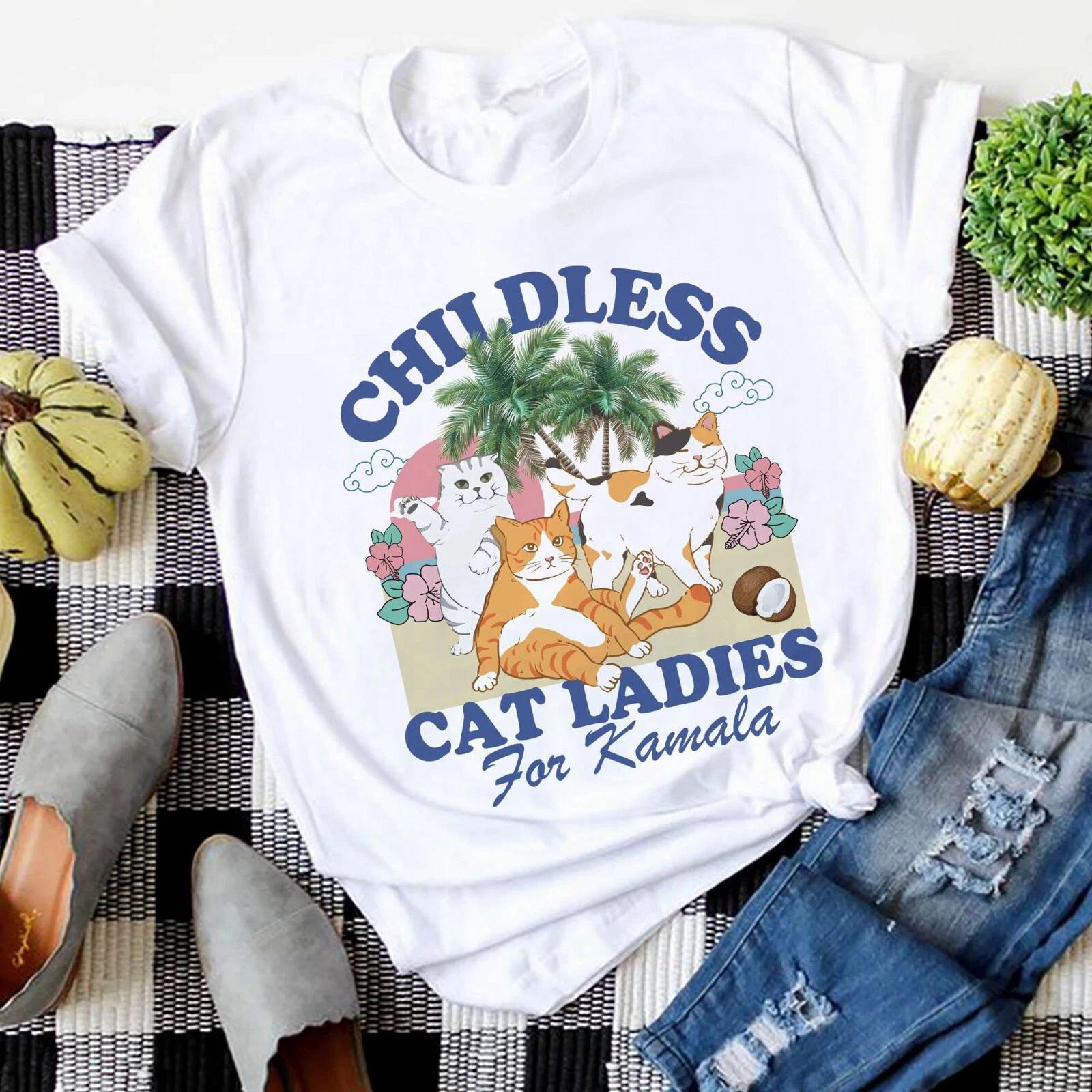 Childless Cat Lady For Kamala T-Shirt, Kamala Coconut Tree Shirt, Vote Blue Tee S
