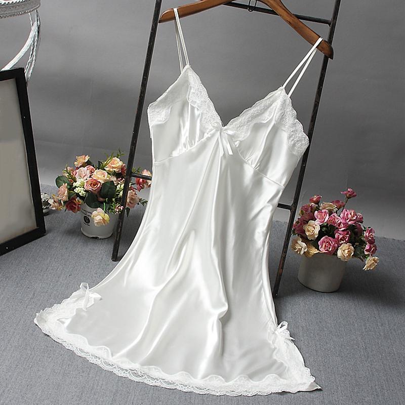 Women Bow Ribbon Bedroom Nightwear Comfortable Solid Color Sleepwear Polyester Summer Lace Ruffle Design Satin 6 Colors