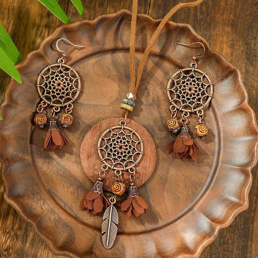 Wood Geometric Jewelry Set Vintage Distressed Finish Sweater Chain Women Pendant  Daily Outfit