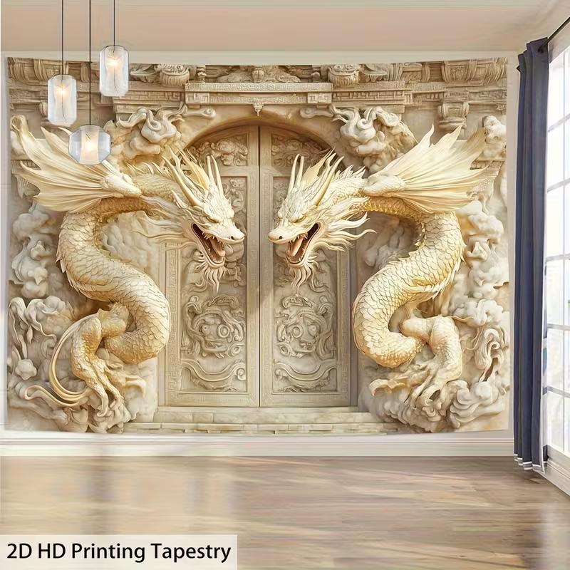 

2D Traditional Chinese Dragon Tapestry, Twin Dragons Palace Gate Wall Decor for Home 47.2x31.5inch/120*80cm