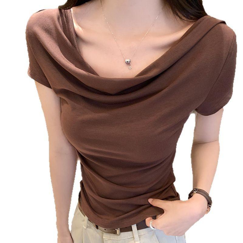 

Новая летняя футболка Pure Style, однотонная, с короткими рукавами, утягивающая талию и плиссированный однотонный универсальный топ S коричневый