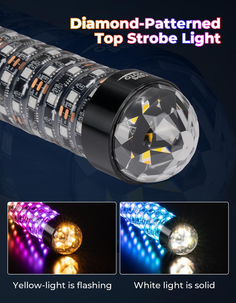 2PCS UTV Fat Whip Lights with Warning Light for SXS Spiral RGB Chasing Lighted Whips Compatible with Polaris RZR for Can-Am X3