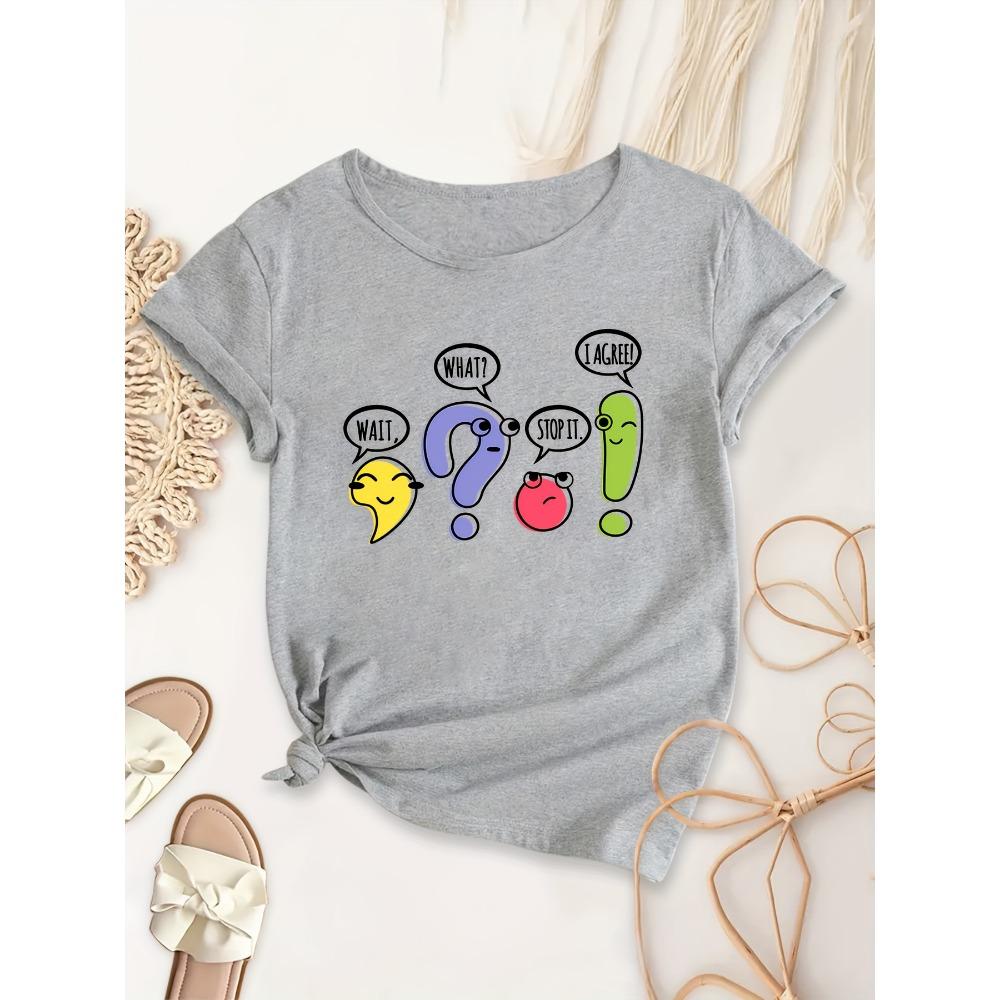 Teacher's Day Colorful Comma Creative Print Comfy T-Shirt Round Neck Short Sleeve Casual Top Women's Clothing
