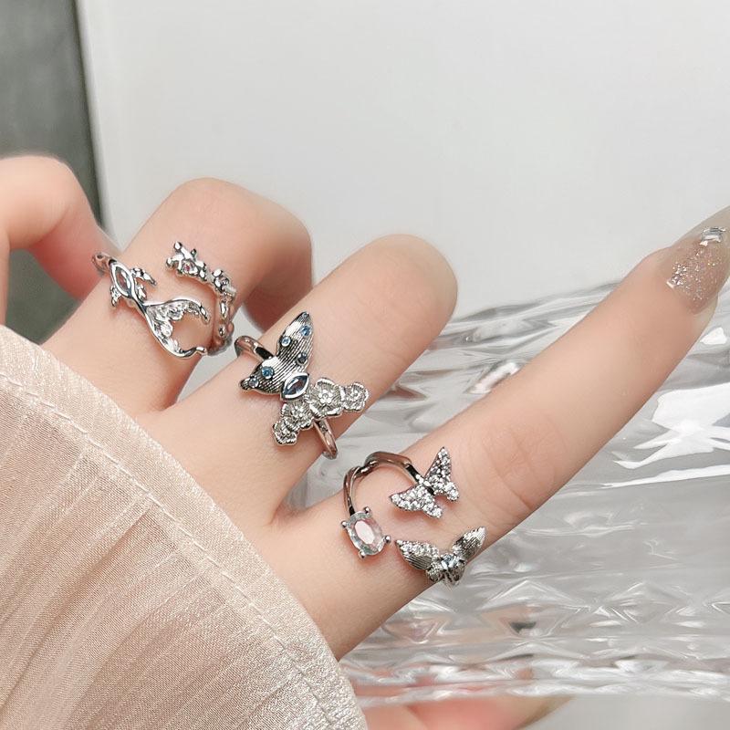 Stacked Wind Butterfly Blue Diamond Personalized Butterfly Wing Fog Blue Advanced Sense Opening Ring Female Neutral Wind Simple Versatile Ring